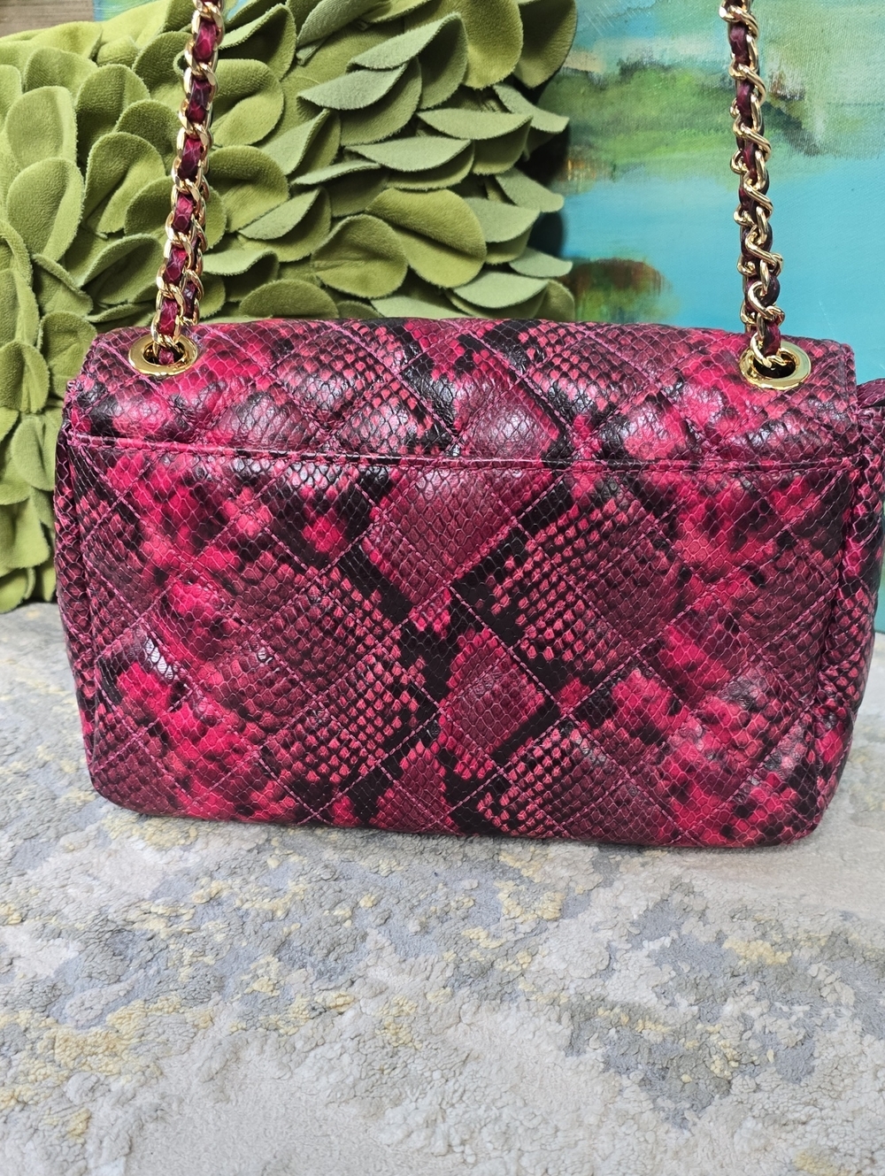 Michael Kors Sloan Fuchsia Quilted Snake Print Leather Chain Shoulder Bag - Picture 4 of 17